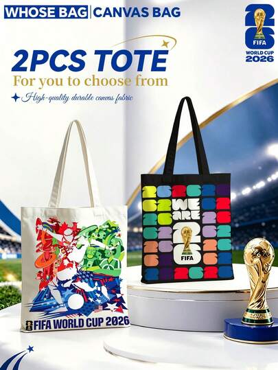2 estilos de bolsas de lona con elemento impreso del Trofeo de la Copa Mundial 2026, bolsas exclusivas de fans de la Copa Mundial 2026, esencial para ver los partidos, con patrón de graffiti de la Copa Mundial 2026 y estampado de números y letras coloridos en estilo deportivo, de lona duradera y gran capacidad, reutilizables y casuales, adecuadas para fans de la Copa Mundial, ver los partidos y como regalo de cumpleaños, Navidad o temporada de la Copa Mundial para aficionados al fútbol.