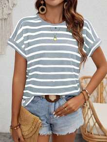 Camiseta con mangas de murciélago a rayas, informal, camisetas gráficas de verano para mujeres - Gris Claro - Ver 8