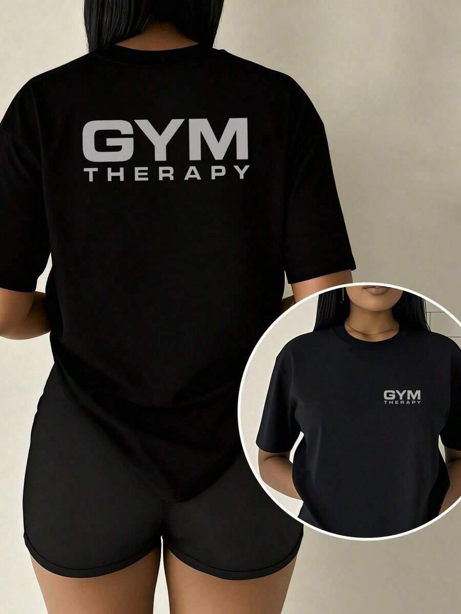 [Sports T-Shirt] Women's Plus Size 2026 GYM THERAPY T-Shirt, Featuring A Double-Sided Fitness Therapy Print, Stylish And Elegant For Summer, A Comfortable Short-Sleeved Crew Neck T-Shirt That's Versatile. | Relaxed Fit | Plus Size T-Shirts, Fashion Tops,  T-Shirts - 黑色 - 查看 1