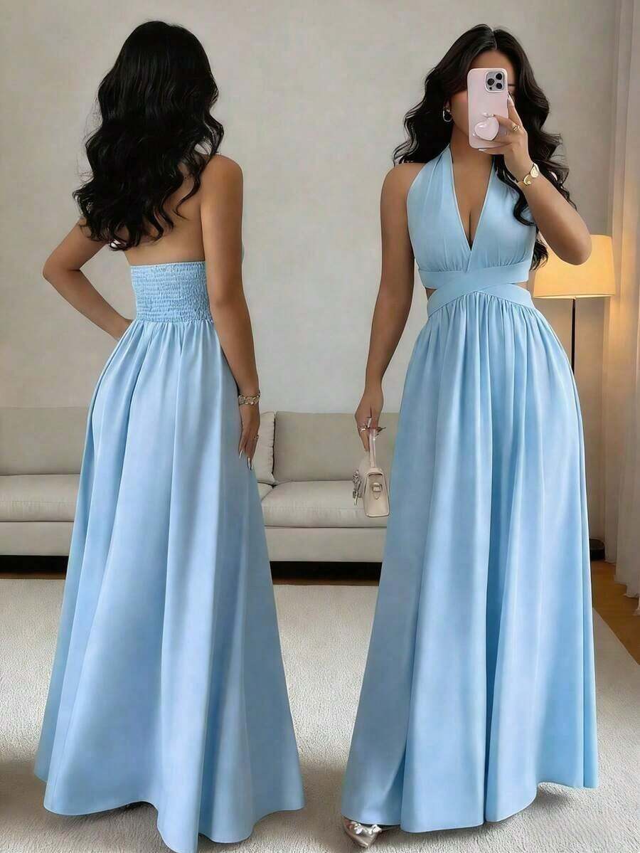 Elegante vestido sin mangas con cuello en V, diseño hueco en la cintura y pliegues, color morado, nueva llegada de primavera/verano - Celeste - Ver 1