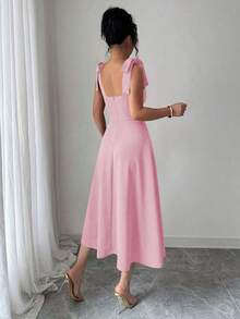 elegante y romántico para mujer con lazo decorativo en la cintura y corte evasé sin mangas - Rosa Pálido - Ver 2