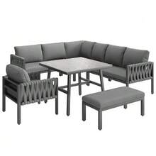 Rope Garden Furniture Set With Galvanized Iron Frame, Adjustable Feet, Corner Sofa, Tempered Glass Tabletop, Seat And Back Cushions Included, Grey - 灰色 - 查看 9