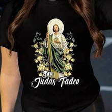 1 Pc Women's Short-Sleeved T-Shirt With Round Neck Featuring A Jesus Print And Faith Message For Added Comfort And Casual Style. 180g 100% Cotton - 黑色 - 查看 1