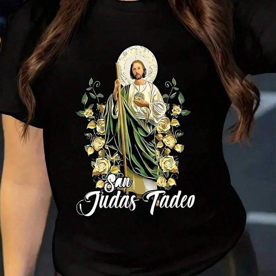 1 Pc Women's Short-Sleeved T-Shirt With Round Neck Featuring A Jesus Print And Faith Message For Added Comfort And Casual Style. 180g 100% Cotton - 黑色 - 查看 1