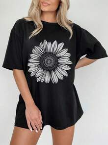 Women's Summer Fashion Short Sleeve T-Shirt Casual Outdoor Fashion 'Sunflower' Print Loose Casual Women's T-Shirt - 黑色 - 查看 1