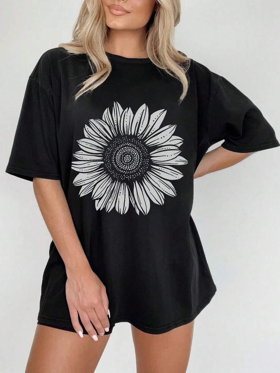 Women's Summer Fashion Short Sleeve T-Shirt Casual Outdoor Fashion 'Sunflower' Print Loose Casual Women's T-Shirt - 黑色 - 查看 1