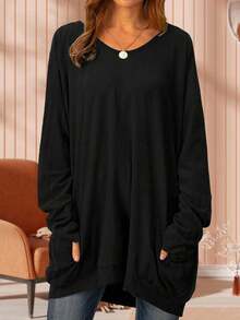 Nueva sudadera talla grande, diseño de ajuste holgado para efecto estilizante, color negro, tela de punto con acabado cepillado para un ambiente de ropa de calle, adecuada para vacaciones, citas, entrevistas, graduaciones, Día de la Madre, unisex - Negro - Ver 4