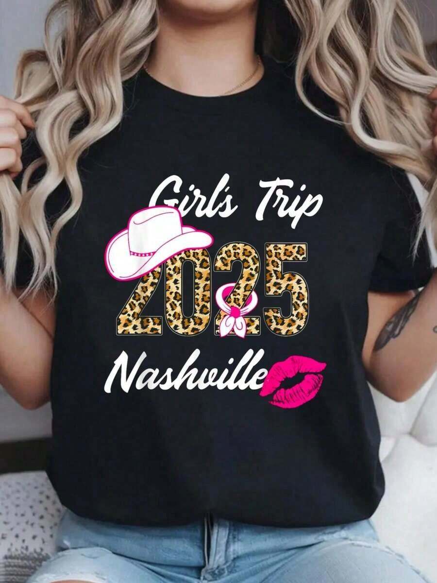 Nashville Girls Trip 2025 Nash Weekend Boots Booze Besties Camiseta Estampada Casual de Cuello Redondo y Manga Corta, Cómoda para Primavera y Verano, Ropa de Mujer - Negro - Ver 1