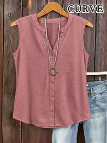 Plus Size Sleeveless V-Neck Button Decorated Tank Top Pink - Pink - View 1