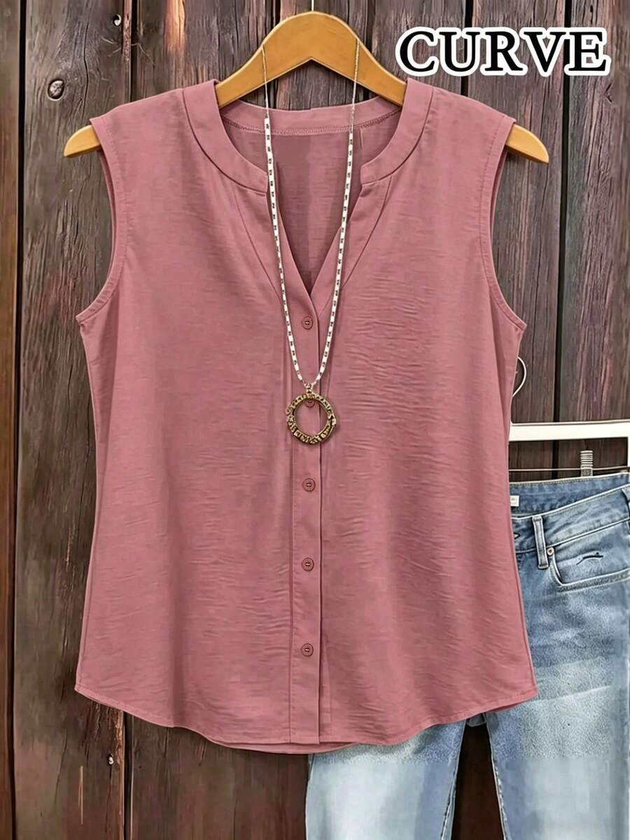 Plus Size Sleeveless V-Neck Button Decorated Tank Top Pink - Pink - View 1