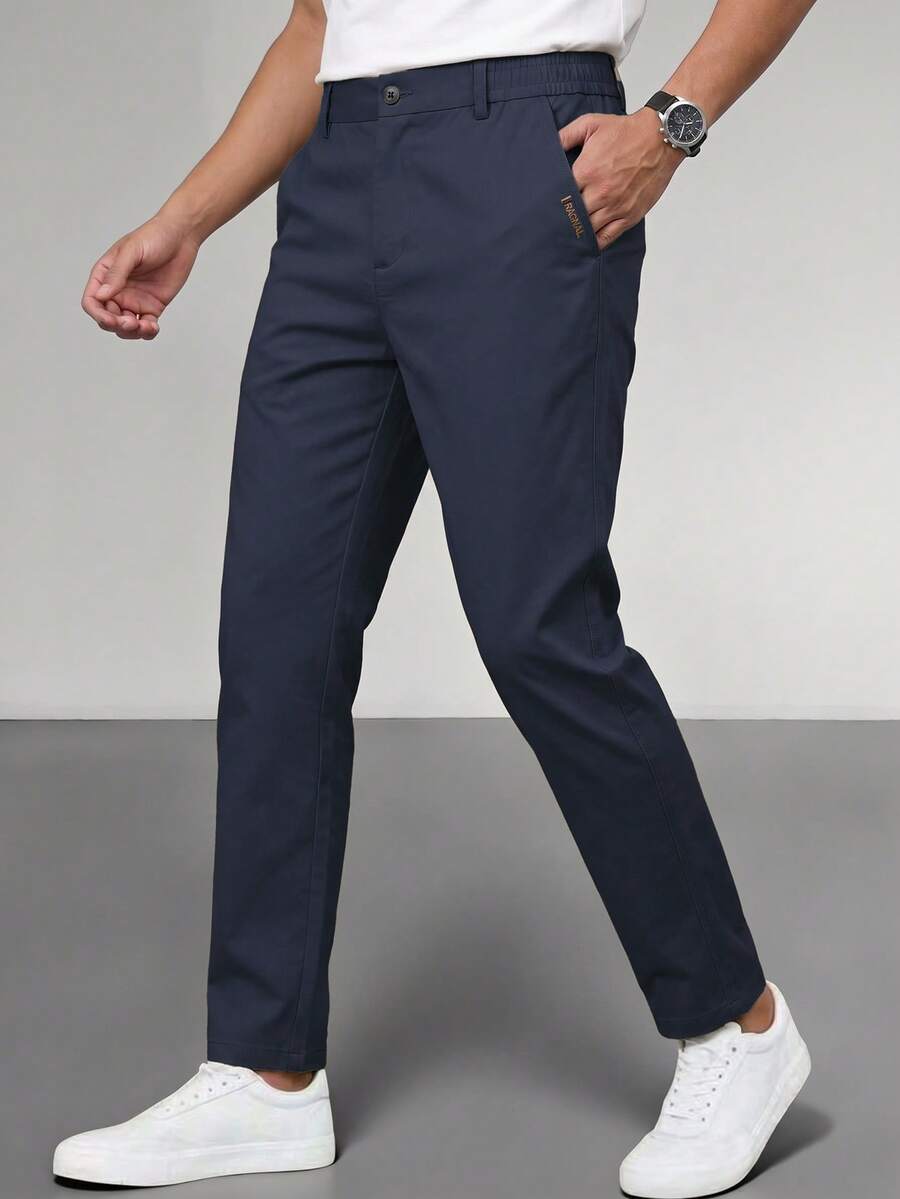 Men's Solid Color Casual Tapered Pants With Pockets - Blue - View 1