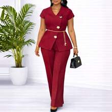 Nuevo Conjunto Dos Piezas Mujer Verano Estilo Europeo Americano Top Manga Corta con Botones y Pantalones Casual - Blanco + cadena - Ver 5