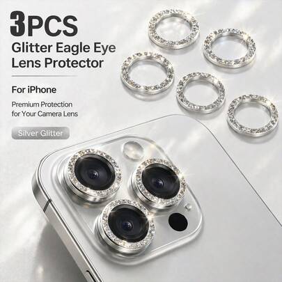 ZYONS 3 miếng dán bảo vệ ống kính camera màu bạc lấp lánh, vòng kim loại hợp kim nhôm 9H trang trí, tương thích với iPhone 17 Pro Max/17 Pro/17 Air/17/16 Pro Max/16 Pro/16 Plus/16/15 Pro Max/14 Pro Max/13 Mini/12/11 Series