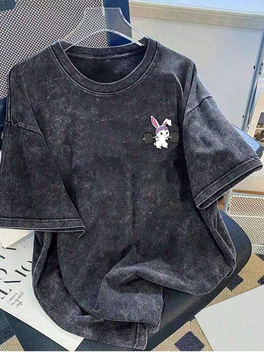 Women's Short-Sleeved Washed Cotton T-Shirt With Round Neck And Minimalist Print, Pretty T-Shirt, Washed T-Shirt, Wrinkle-Resistant Cotton T-Shirt. - 黑色 - 查看 1