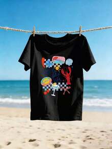 1 pieza de camiseta de manga corta para mujer, estilo casual, holgada, con cuello redondo, estampado tropical, sencilla y linda, ideal para el verano y las vacaciones, top moderno para el uso diario, adecuada para el uso en vacaciones. 180g 100% algodón, los estampados son completamente impresos. Unisexo. - Negro - Ver 2