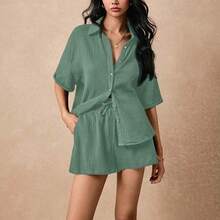 Conjunto De Dos Piezas De Verano Para Mujer, Conjunto De Playa De Dos Piezas, Tela De Texturizado, Raglan Con Puños, Shorts Con Bolsillos Laterales, Adecuado Para Vacaciones, Camisa Suelta Relajada - 1 - Ver 2