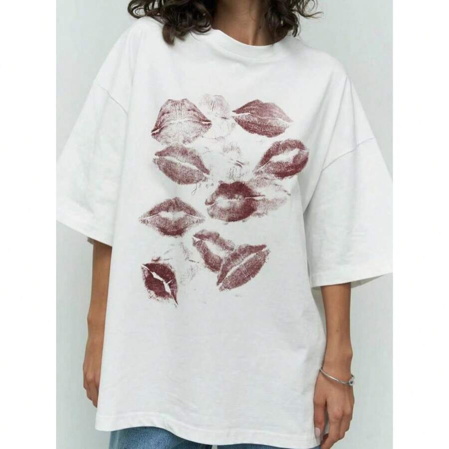 Nueva camiseta de algodón estampada de diseño chic y exclusivo para mujer, de cuello redondo, holgada y versátil, estilo casual y a la moda. - Blanco - Ver 1