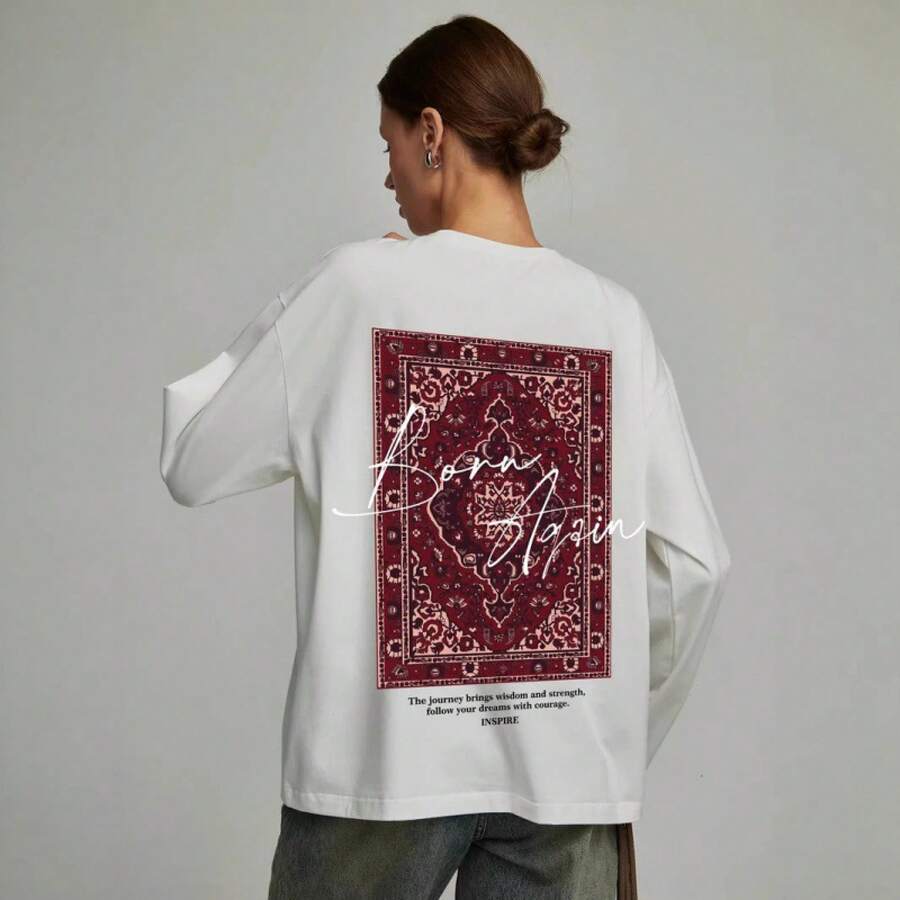 Diseño vintage con un toque nicho, divertido y sofisticado, camiseta de manga larga de algodón puro de longitud media para la primavera de 2025, a la moda. - Blanco - Ver 1