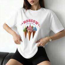 Top de verano para mujer, estilo americano, único, versátil, moderno, con estampado de helado, efecto adelgazante, de corte holgado, ideal para ir al trabajo. - Blanco - Ver 2