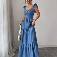 Elenzya Vestido largo de unicolor para mujer, vestido largo estilizante con cintura elástica y parches, elegante y de moda para uso diario, cenas y citas, primavera/verano - Azul - Ver 7