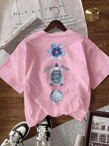 Camiseta de manga corta de cuello redondo casual con estampado floral y de tortuga marina para mujer, verano - Rosa Pálido - Ver 6