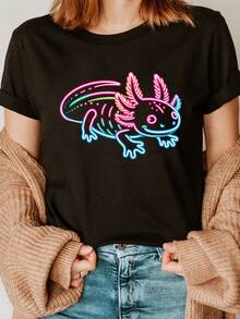 Camiseta con Estampado de Axolotl, Manga Corta, Cuello Redondo, Estilo Casual para Verano y Primavera, Ropa de Mujer - Negro - Ver 12
