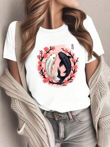 Women's Yin Yang Koi Cherry Blossom T-Shirt - 100% Casual, Asian Cultural Symbol With Yin-Yang Fish Design, Comfortable And Machine Washable Clothing, Korean Fashion/N - 白色 - 查看 1