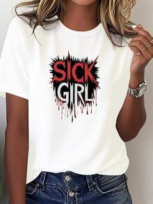 Women's T-Shirt With Striking Gothic Lettering - 100% Bold Slogan Top, White Print, Casual Black Fashion T-Shirt, Punk Style And Casual Outfit (Machine Washable) - 白色 - 查看 1