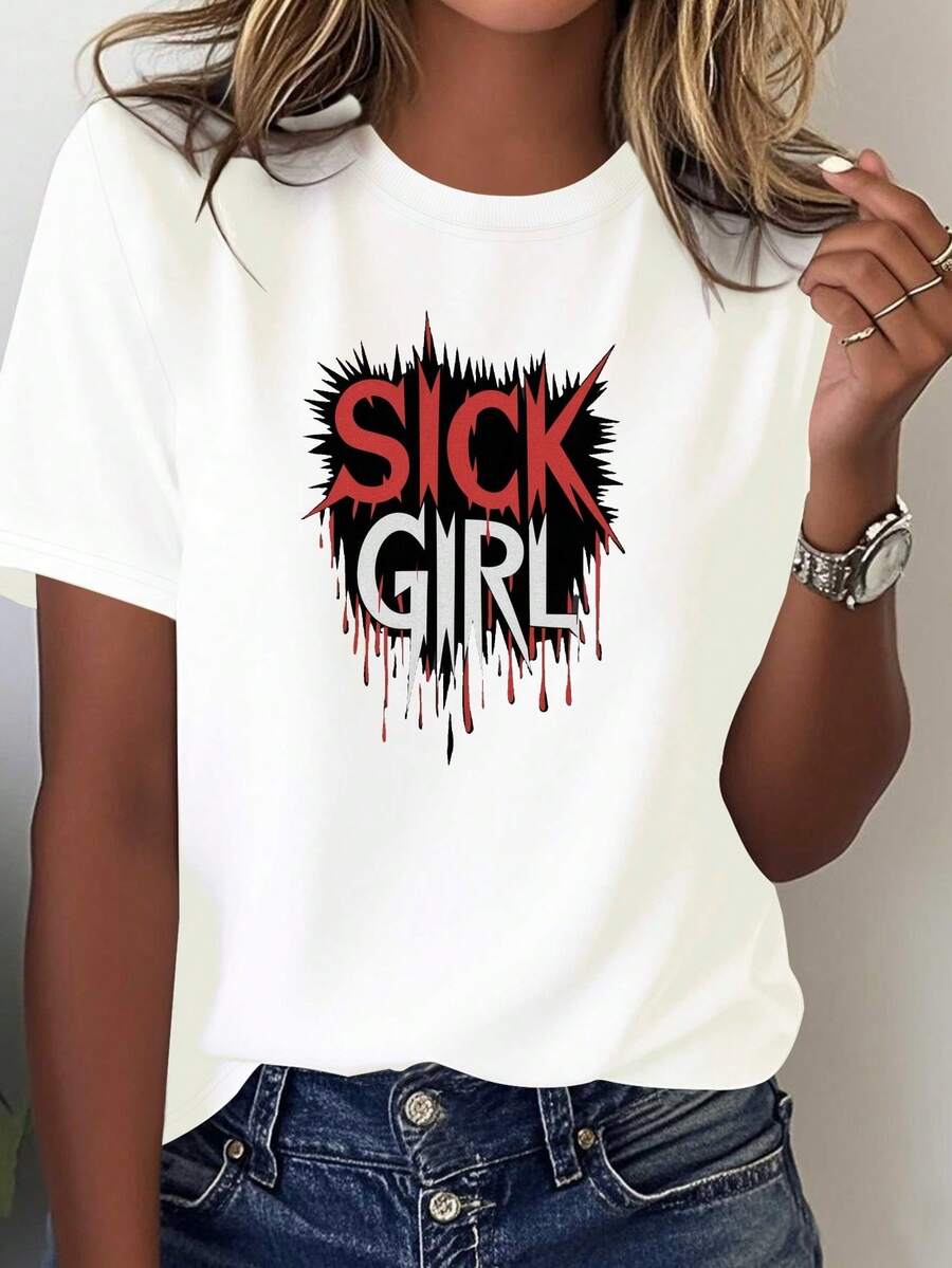 Women's T-Shirt With Striking Gothic Lettering - 100% Bold Slogan Top, White Print, Casual Black Fashion T-Shirt, Punk Style And Casual Outfit (Machine Washable) - 白色 - 查看 1