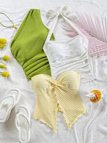 Atuendo casual de primavera/verano para vacaciones, boda en la playa, fiesta de graduación, elegante estilo boho tropical para el Día de San Patricio, Spring Break, Pascua, festivales de música.Top con lazo delantero, cuello halter, espalda descub - Multicolor 2 - Ver 1