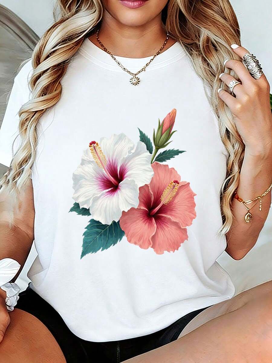 Women's Casual Round Neck T-Shirt With Vibrant Floral Print Of White And Coral Hibiscus Flowers, Soft And Breathable Summer T-Shirt For Relaxed Indoor Wear - Perfect Gift For Mom, Girlfriend, Best Friend On Birthdays, Easter, Valentine's Day, Etc. - 白色 - 查看 1
