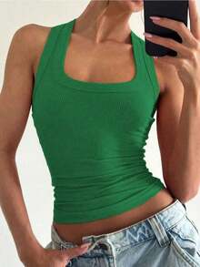 Camiseta sin mangas cuadrada Floreya para mujer, top casual de verano de ajuste ceñido sin mangas para capas, sencillo pero elegante, estilo deportivo, versátil para todas las estaciones en color blanco - verde menta - Ver 2