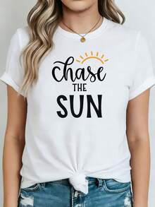 Plus Size - Plus Size - Chase The Sun Graphic Print Women's Plus Size Short Sleeve Crew Neck Casual T-Shirt For Summer And Spring, Women's Clothing - 白色 - 查看 1