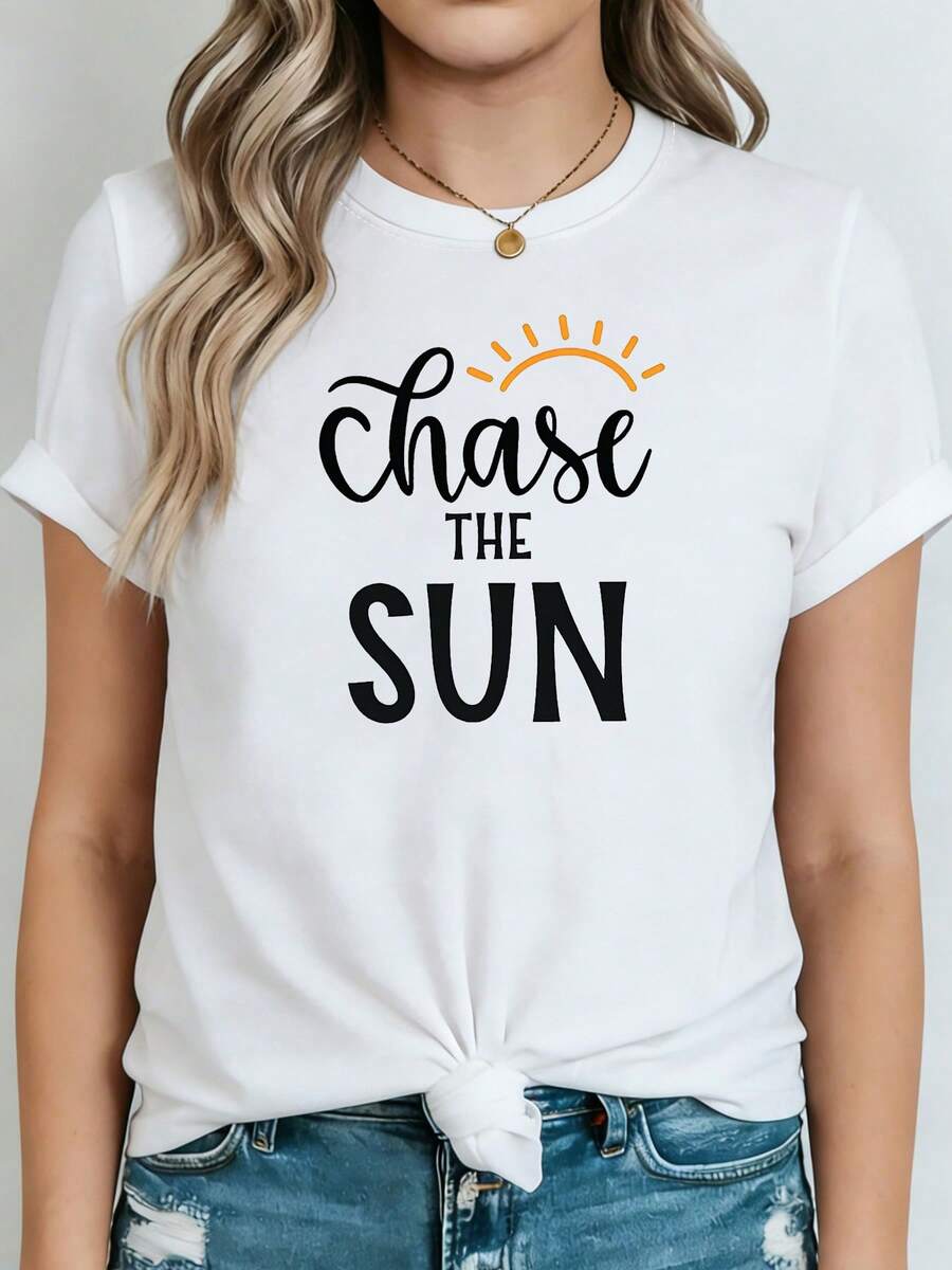 Plus Size - Plus Size - Chase The Sun Graphic Print Women's Plus Size Short Sleeve Crew Neck Casual T-Shirt For Summer And Spring, Women's Clothing - 白色 - 查看 1