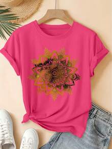 Spring/Summer 2026, New Women's Short Sleeve T-Shirt With Round Neck And Gradient Mandala Print, Distressed Vintage Style, Casual Sports Top, Soft Knit Fabric, High-Quality Women's Clothing. | Fun And Original Design | Fun And Youthful T-Shirt - Unisex Vintage Urban Style, Loose Fit, Cotton, Short Sleeve And Round Neck - 紅色 - 查看 8