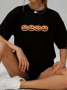 Camiseta Casual de Manga Corta para Mujer Halloween 1 Pieza 100% Algodón Pesado - Cuello Redondo Cómodo, Tops Suaves y Adorables - Negro - Ver 2