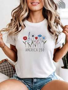 1 Piece America 250 T-Shirt, 250th Anniversary Commemorative T-Shirt, Floral Patriotic T-Shirt For Women, Soft And Stretchy White Top, For Daily Wear And Valentine's Day, Washable Crew Neck, Fun Design, Comfortable Fit, 180g 100% Cotton - 白色 - 查看 6