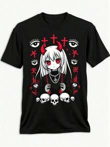 Camiseta Gráfica de Anime para Hombre - Camiseta de Tela Suave y Elástica con Diseño de Ojos Rojos - Camiseta Gótica de Anime para Cosplay, Ropa Casual - Top Elástico Lavable a Máquina para Fanáticos del Manga y Eventos Temáticos - Ropa de Anime Oscura y Atrevida para Adultos, Traje de Cosplay, Estampado Audaz, Construcción Duradera, Camiseta de Manga Corta, para Entusiastas del Cosplay - Negro - Ver 6