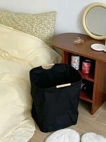 1pcNo More Flimsy Baskets! Sturdy Black Laundry Bin With Wood Handles, Large Capacity & Collapsible For Dorms & Small Spaces - Black - View 6
