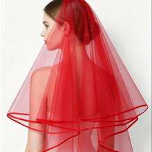 1pc Minimalist Double-Layer Satin Edged Solid Red Bridal Wedding Veil, Suitable For Wedding Wear, Also Can Be Used As Valentine's Day Accessory - View 4