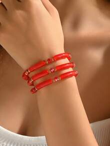 1 Set Vibrant Vintage Translucent Curved Tube Faceted Red Bracelet For Women Party & Travel - Red - View 4