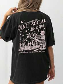 Women's Plus Size Black Short-Sleeved Crew Neck T-Shirt With "Antisocial Book Club" Graphic Print, Perfect For Summer, Simple And Casual Everyday Wear - 黑色 - 查看 3