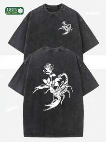 Camiseta de manga corta con cuello redondo, diseño de flor de escorpión estampado, estilo retro urbano, holgada, básica, estilo hip-hop, para hombre y mujer, para otoño y verano, con efecto lavado antiguo. - Negro - Ver 1