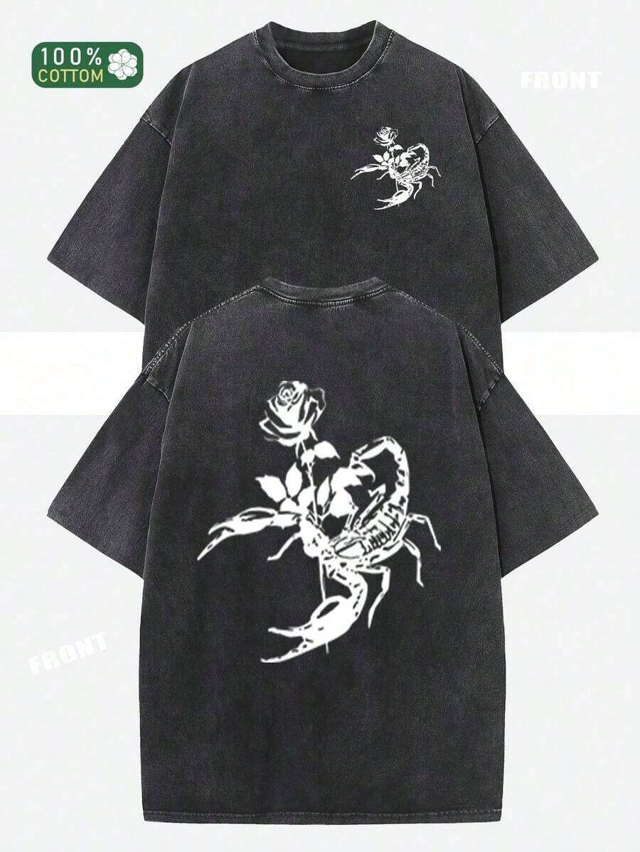Camiseta de manga corta con cuello redondo, diseño de flor de escorpión estampado, estilo retro urbano, holgada, básica, estilo hip-hop, para hombre y mujer, para otoño y verano, con efecto lavado antiguo. - Negro - Ver 1
