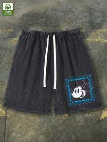 Disney Men's 290g Washed Cotton Shorts, Cyber Mickey Print, Loose Fit, Streetwear Shorts. - 黑色 - 查看 2