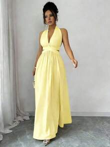 Elegante vestido sin mangas con cuello en V, diseño hueco en la cintura y pliegues, color morado, nueva llegada de primavera/verano - Amarillo - Ver 6