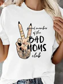 Camiseta de manga corta y cuello redondo de moda para mujer con diseño creativo de estampado de gestos - Blanco - Ver 1