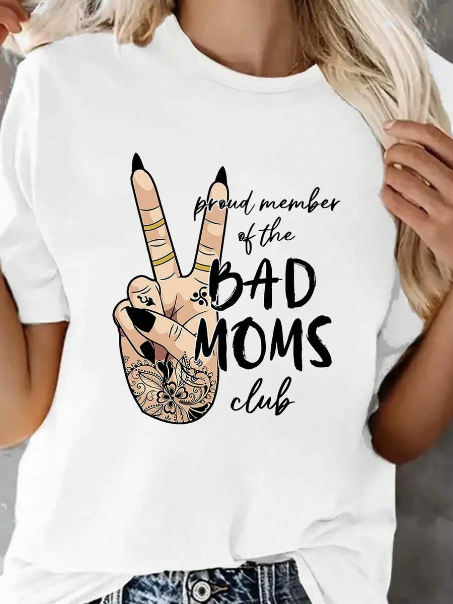 Camiseta de manga corta y cuello redondo de moda para mujer con diseño creativo de estampado de gestos - Blanco - Ver 1