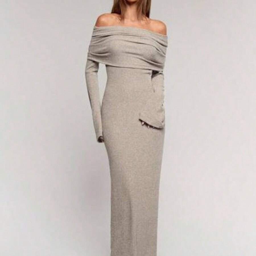 Women's Solid Color Off Shoulder Long Sleeve Casual Long Dress,Party Women Outfits,Women Clothes - Albaricoque - Ver 1