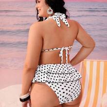 Swim Mod Plus Size Women 2pcs Black Polka Dot Print Halter Tie Sexy Beach Vacation Bikini Swimsuit - Azul Marino - Ver 3